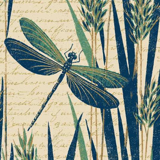 Woodblock Dragonfly Reeds Peacock Buttermilk Digital Paper Pack (DDD012548)