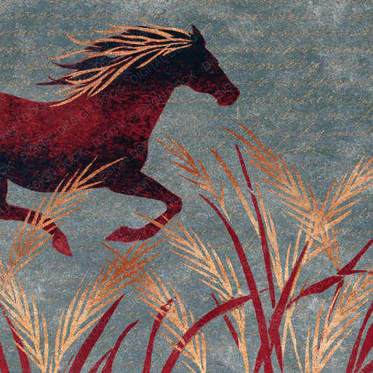 Woodblock Horse Grass Oxblood Digital Paper Pack (DDD012550)