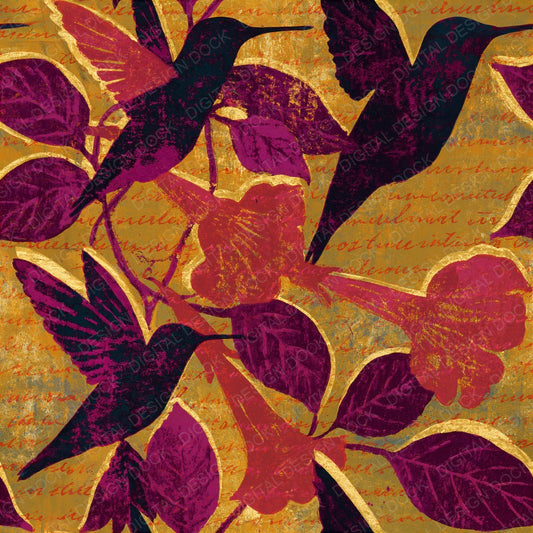 Woodblock Hummingbird Trumpet Vine Magenta Chartreuse Seamless Digital Paper Pack (DDD012551)