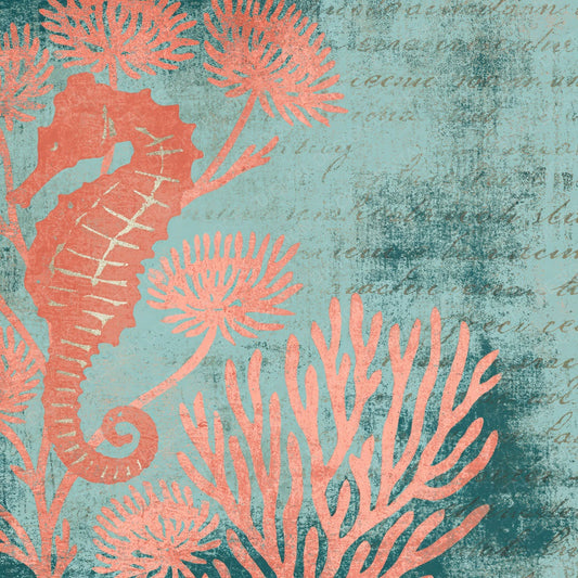 Woodblock Seahorse Coral Salmon Aquamarine Digital Paper Pack (DDD012558)