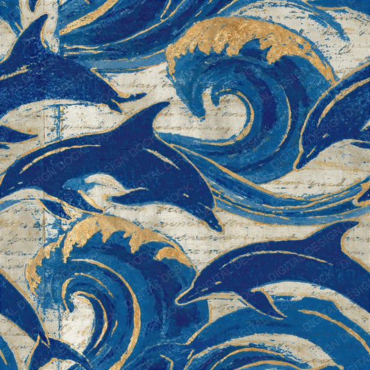 Woodblock Dolphin Cobalt Seamless Digital Paper Pack (DDD012567)