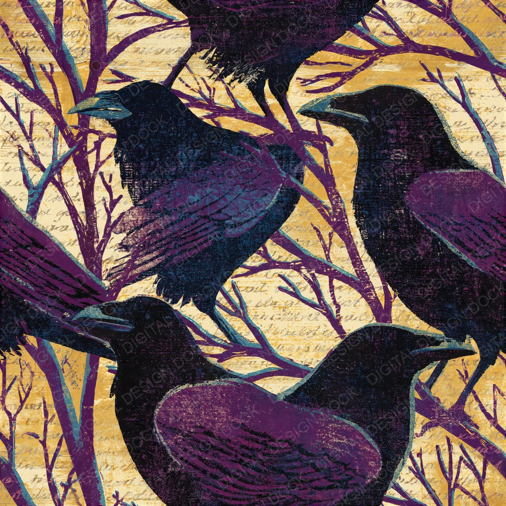 Woodblock Raven Branch Aubergine Seamless Digital Paper Pack (DDD012577)