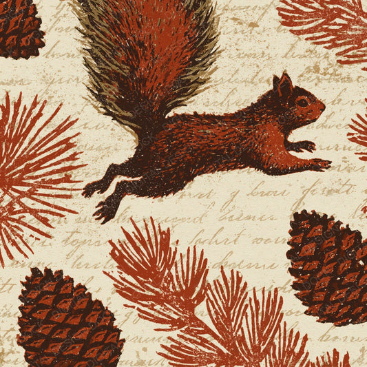 Woodblock Squirrel Pinecone Russet Digital Paper Pack (DDD012580)