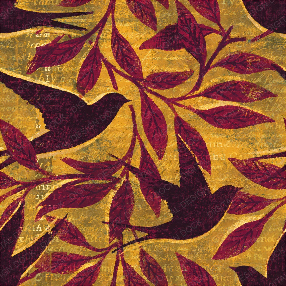 Woodblock Swallow Willow Raspberry Seamless Digital Paper Pack (DDD012581)