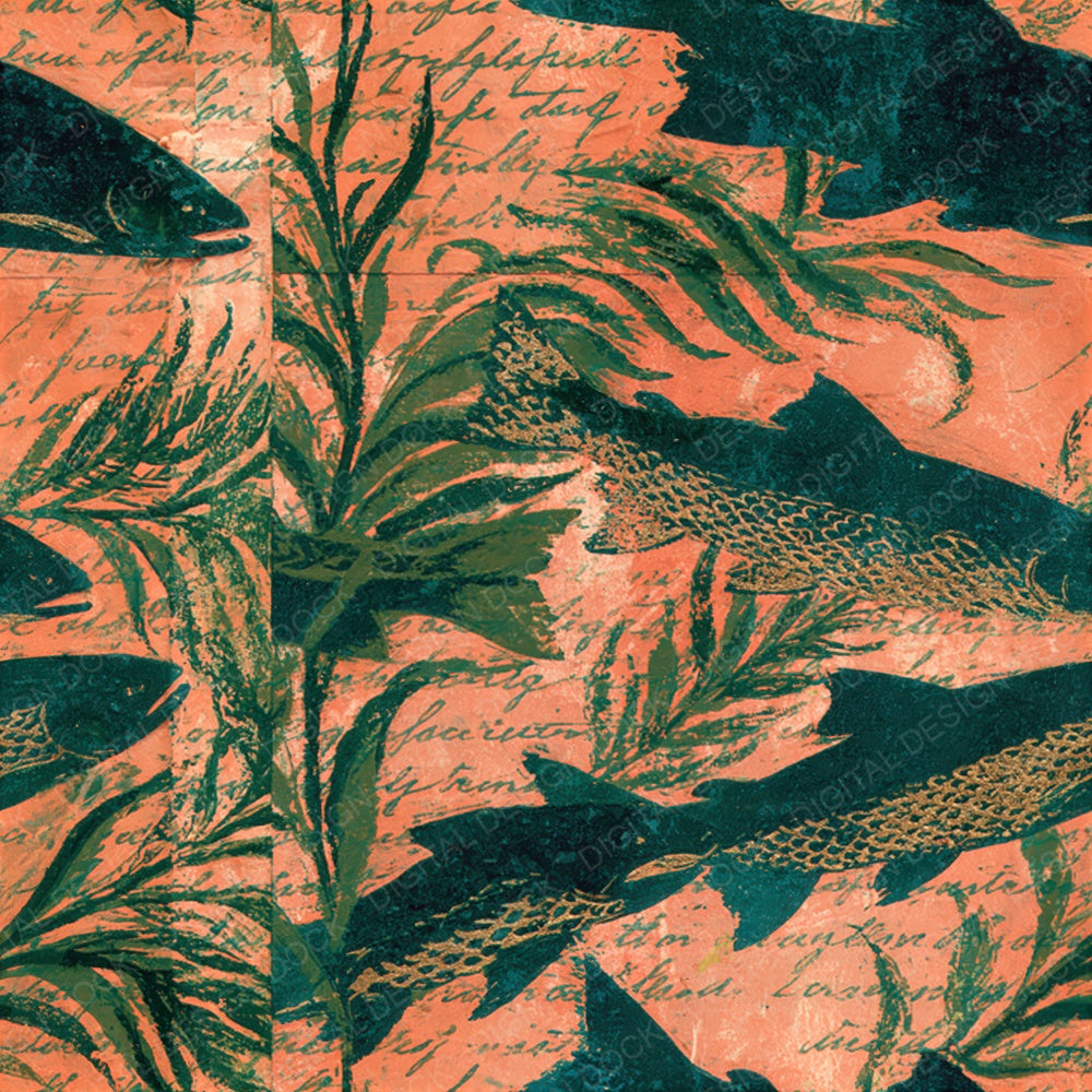 Woodblock Trout River Peach Seamless Digital Paper Pack (DDD012582)