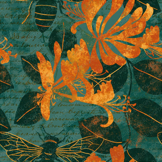 Woodblock Bee Honeysuckle Amber Seamless Digital Paper Pack (DDD012588)