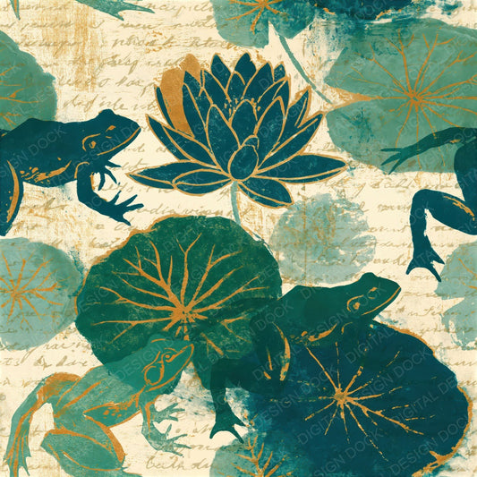 Woodblock Frog Lilypad Moss Seamless Digital Paper Pack (DDD012590)