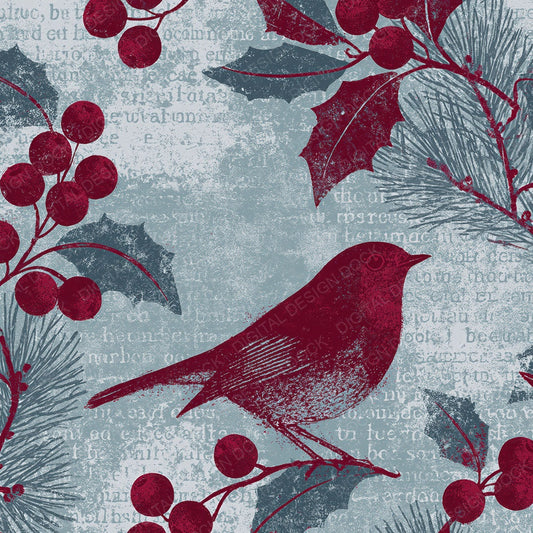 Woodblock Robin Holly Cherry Digital Paper Pack (DDD012599)