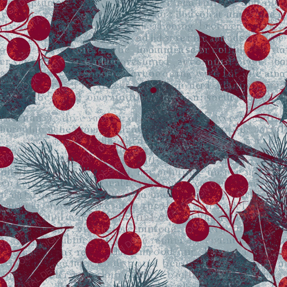 Woodblock Robin Holly Cherry Digital Paper Pack (DDD012599)