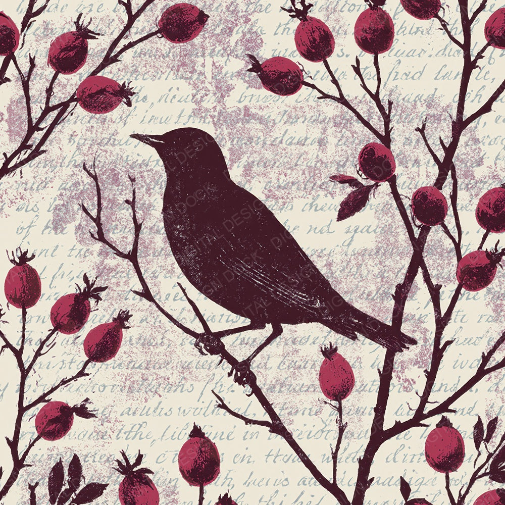 Woodblock Starling Rosehip Aubergine Digital Paper Pack (DDD012602)