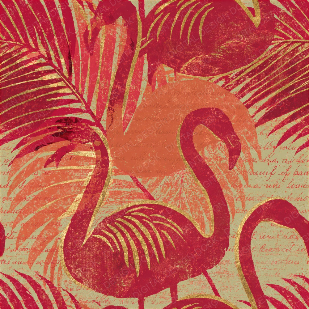 Woodblock Flamingo Palm Coral Seamless Digital Paper Pack (DDD012615)