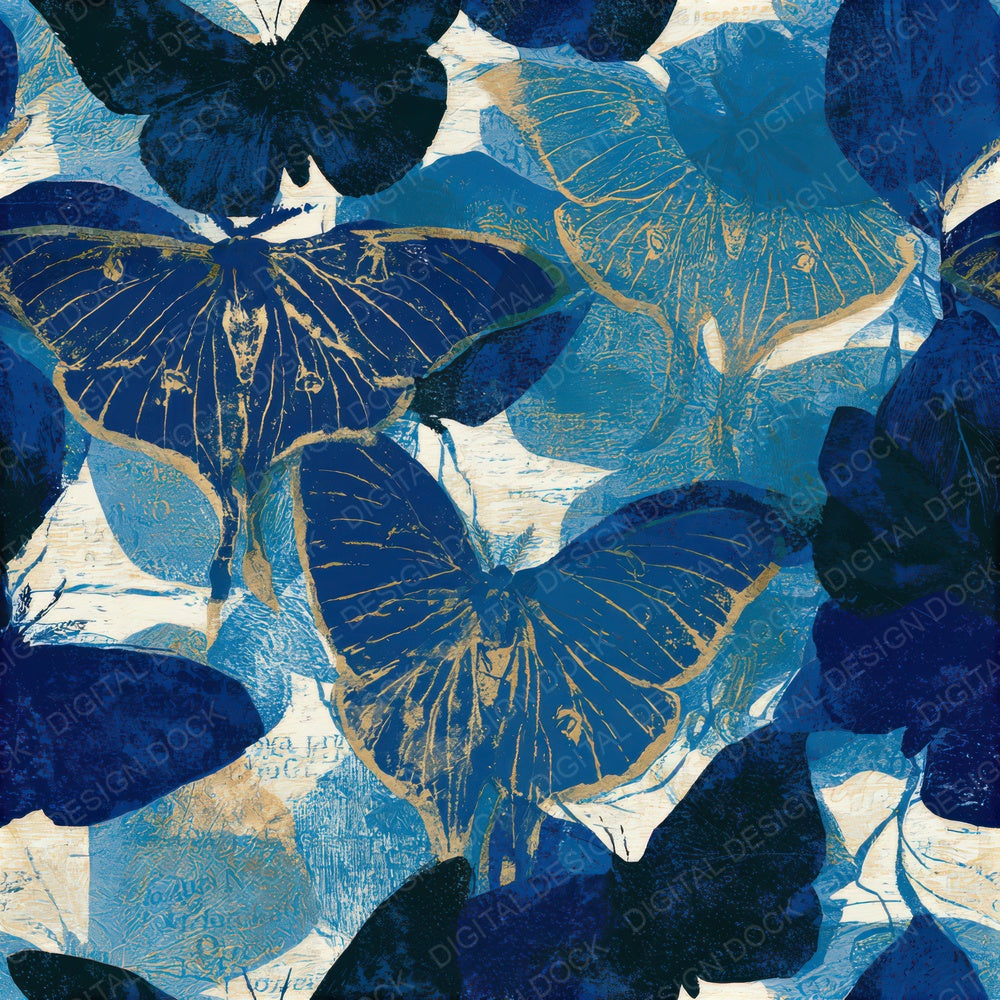 Woodblock Luna Moths Sapphire Seamless Digital Paper Pack (DDD012617)
