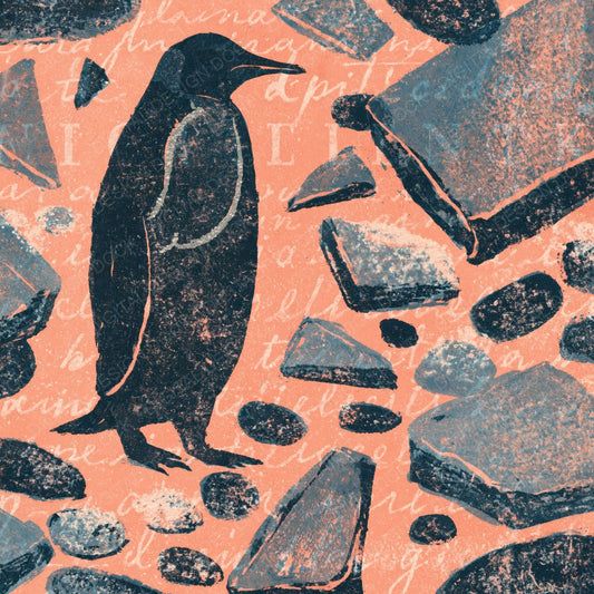 Woodblock Penguin Ice Peach Digital Paper Pack (DDD012619)