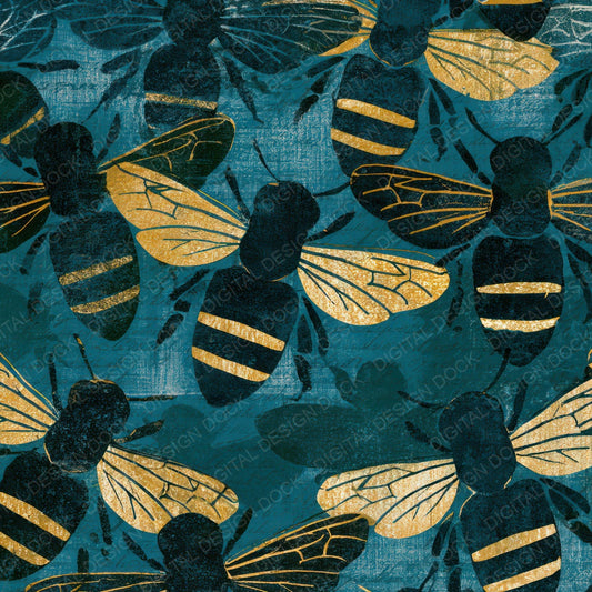 Woodblock Honey Bee Teal Brass Digital Paper Pack (DDD012644)