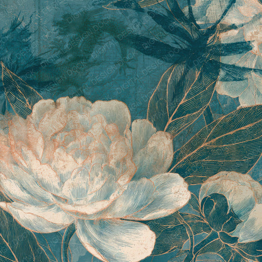 Antique Botanical Dragons Teal Copper Digital Paper Pack (DDD012705)