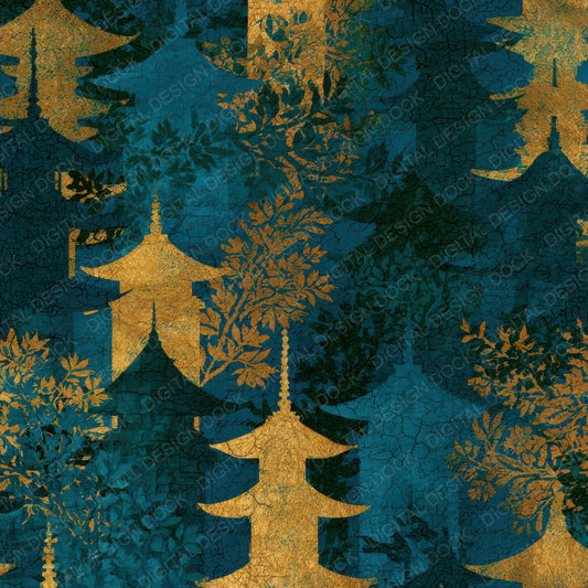 Batik Pagoda Midnight Green Copper Digital Paper Pack (DDD012727)