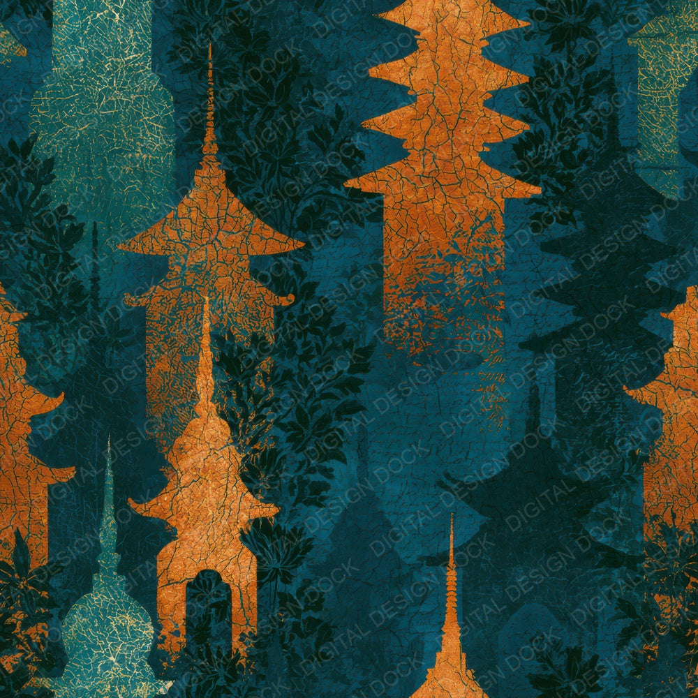 Batik Pagoda Midnight Green Copper Digital Paper Pack (DDD012727)