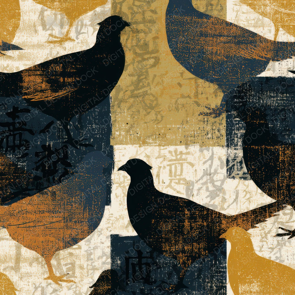 Woodblock Pheasant Mustard Cream Digital Paper Pack (DDD012782)