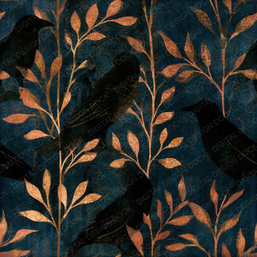 Batik Raven Gold Ink Seamless Digital Paper Pack (DDD012826)