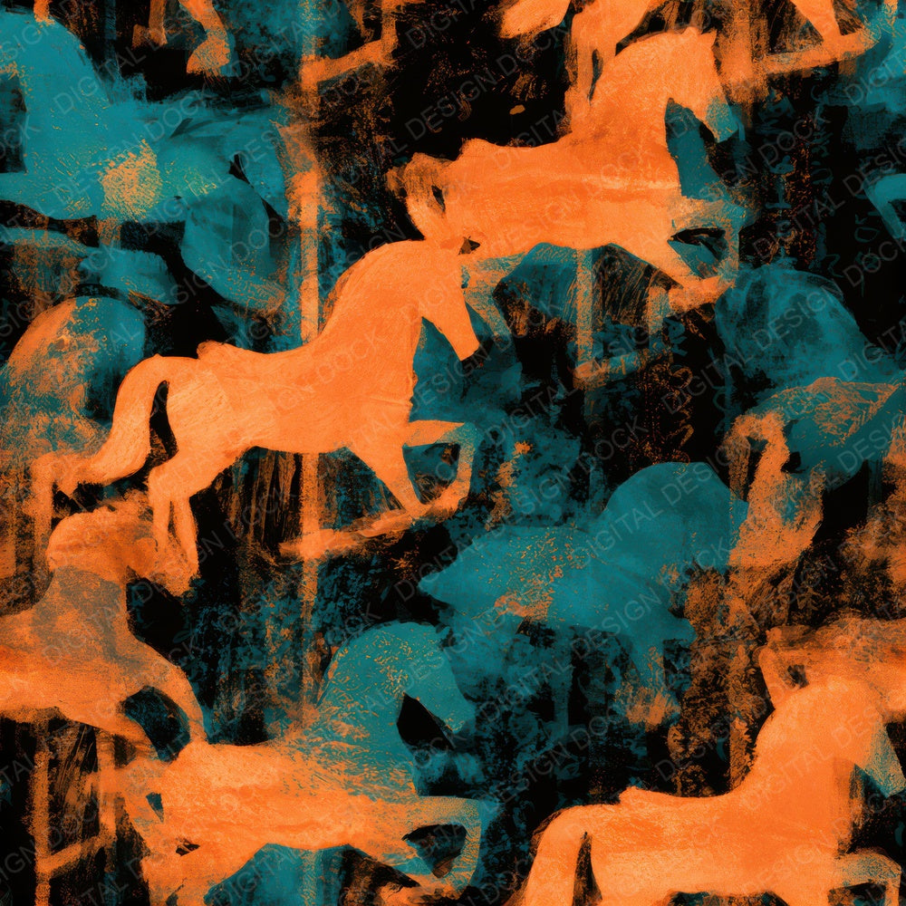 Gouache Carousel Horses Tangerine Turquoise Seamless Digital Paper Pack (DDD012853)