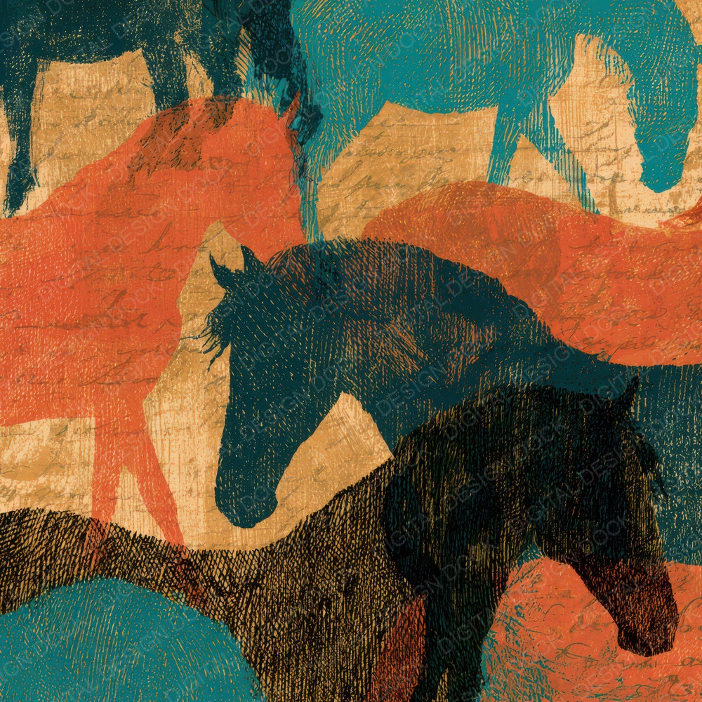 Engraving Horses Coral Turquoise Digital Paper Pack (DDD012870)