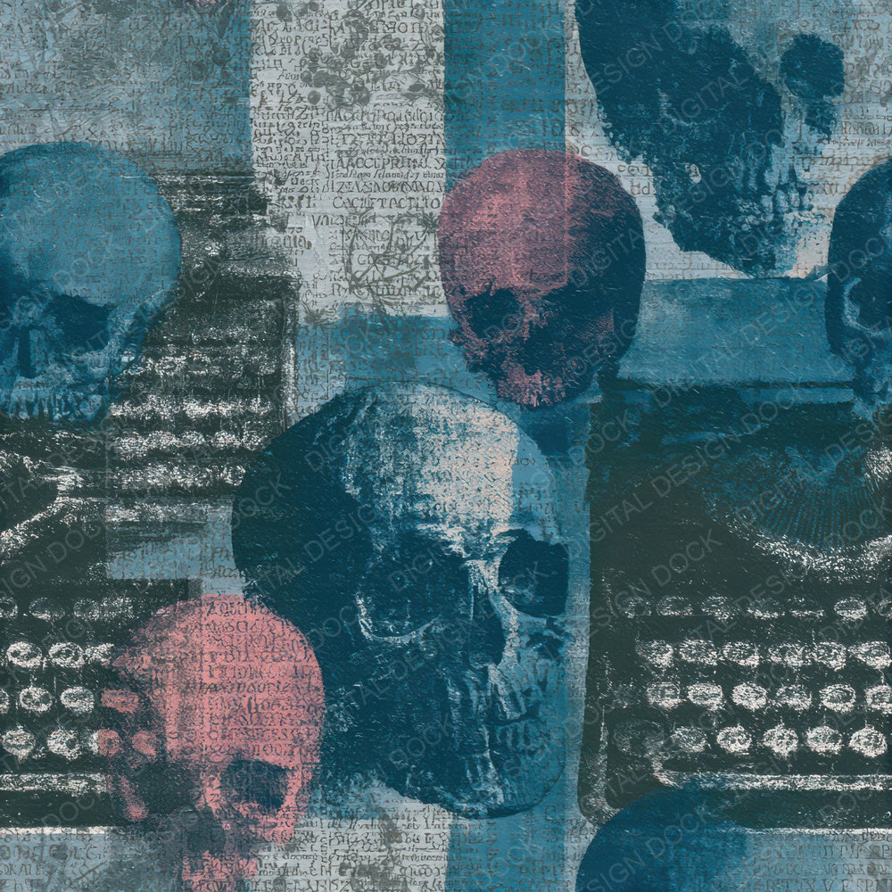 Cyanotype Skulls Typewriters Jet Rose Seamless Digital Paper Pack (DDD012885)