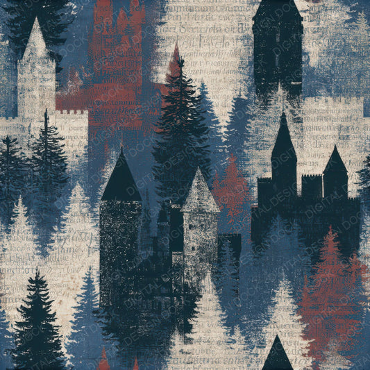 Cyanotype Christmas Castles Oxblood Seamless Digital Paper Pack (DDD012928)