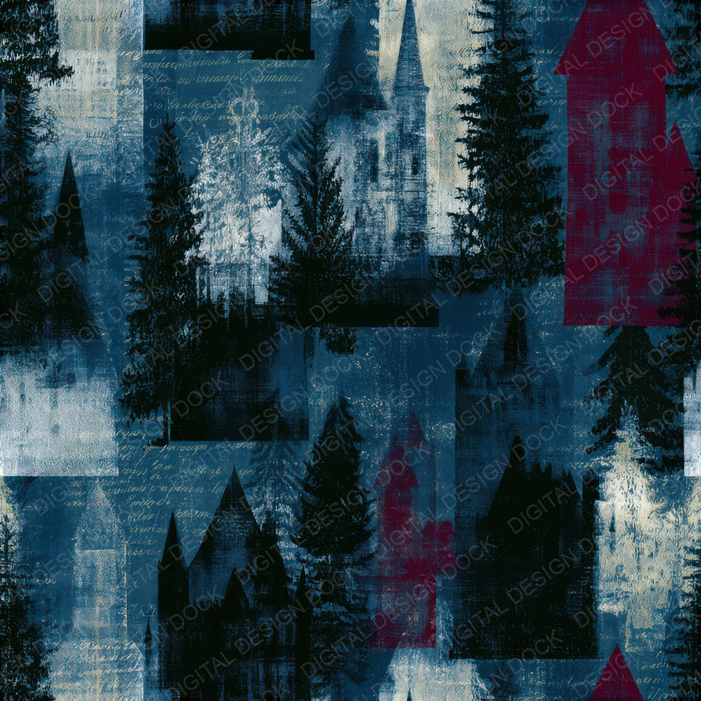 Cyanotype Christmas Castles Oxblood Seamless Digital Paper Pack (DDD012928)