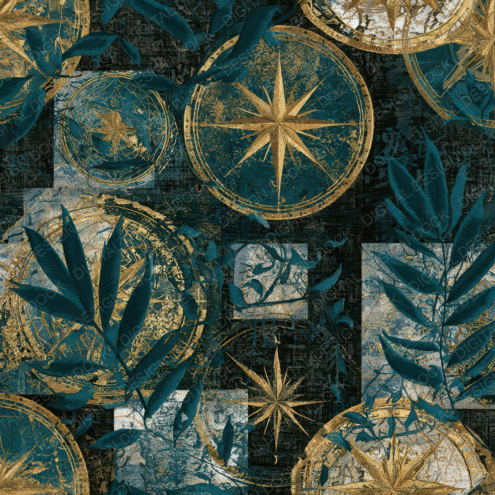 Embroidery Tropical Maps Teal Brass Digital Paper Pack (DDD012929)