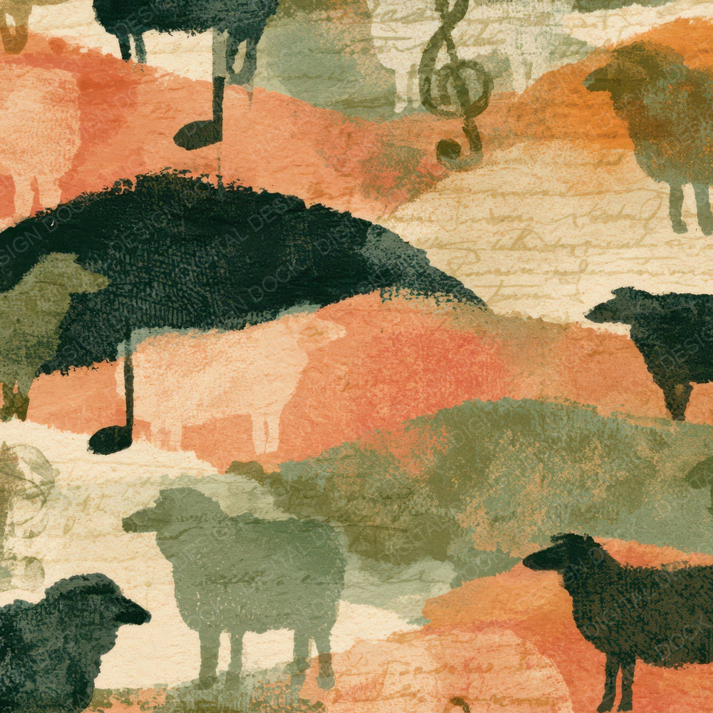 Watercolour Music Notes Sheep Apricot Pistachio Digital Paper Pack (DDD012942)