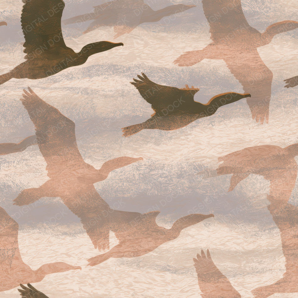 Woodblock Cormorants Oyster Clay Digital Paper Pack (DDD012982)