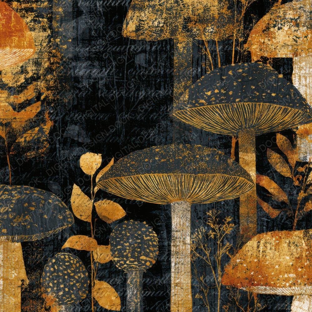Scratchboard Fly Agaric Charcoal Gold Digital Paper Pack (DDD013021)