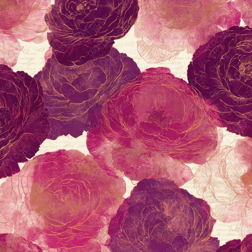 Etching Ranunculus Raspberry Plum Digital Paper Pack (DDD013113)