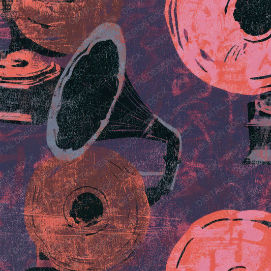Woodcut Gramophones Rose Aubergine Digital Paper Pack (DDD013144)