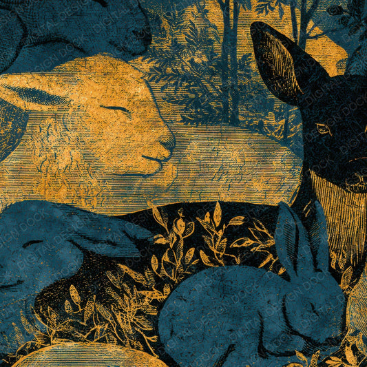 Engraving Baby Animals Charcoal Gold Digital Paper Pack (DDD013192)