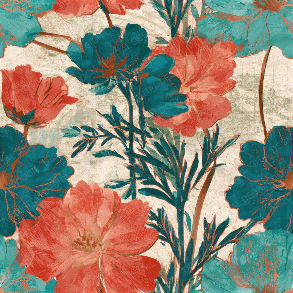 Naturalist Wildflowers Coral Turquoise Seamless Digital Paper Pack (DDD013196)