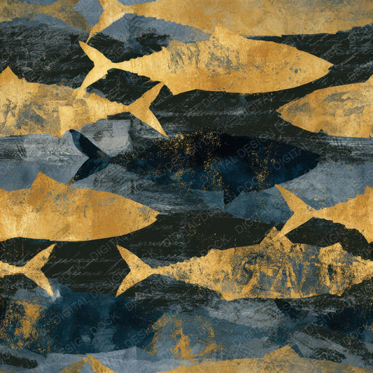 Sumi-e Mackerel Charcoal Gold Seamless Digital Paper Pack (DDD013220)