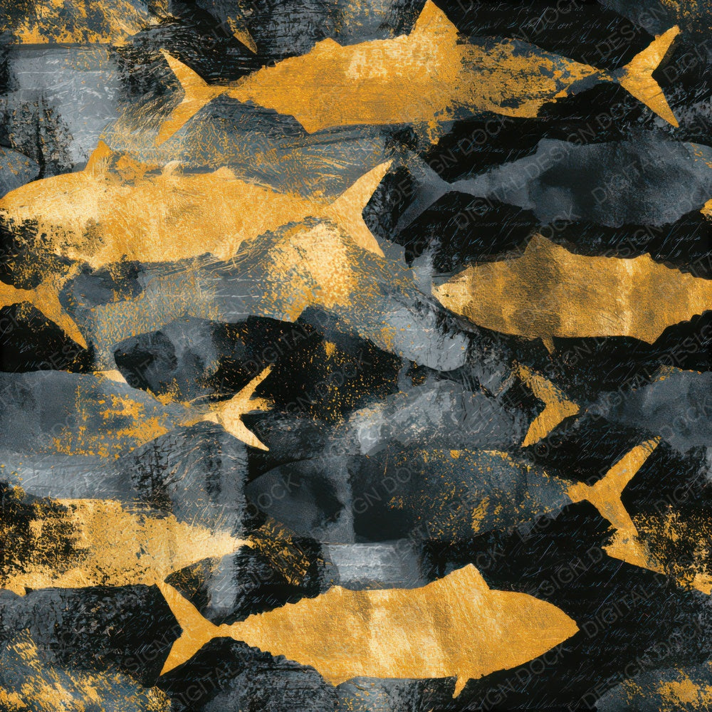 Sumi-e Mackerel Charcoal Gold Seamless Digital Paper Pack (DDD013220)