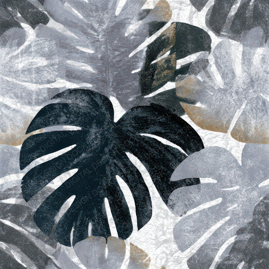 Woodblock Monstera Silver Seamless Digital Paper Pack (DDD013258)