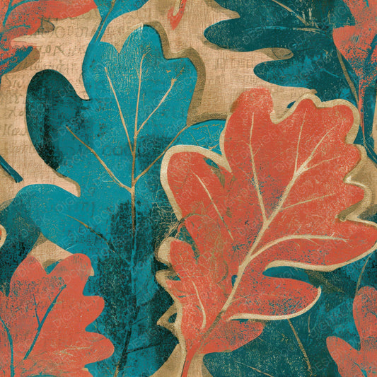 Woodblock Oak Leaves Coral Turquoise Seamless Digital Paper Pack (DDD013275)