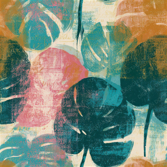 Screenprint Monstera Turquoise Pink Seamless Digital Paper Pack (DDD013292)
