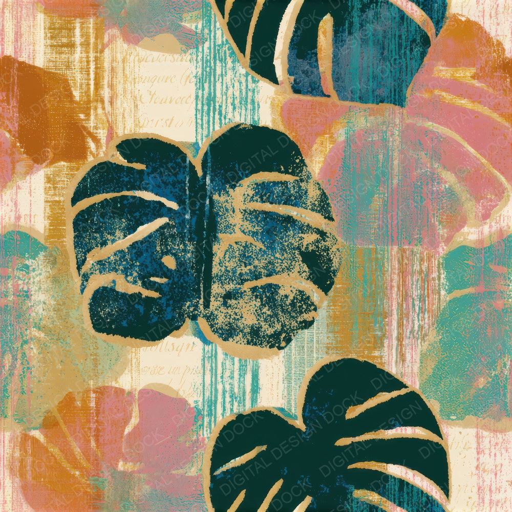 Screenprint Monstera Turquoise Pink Seamless Digital Paper Pack (DDD013292)