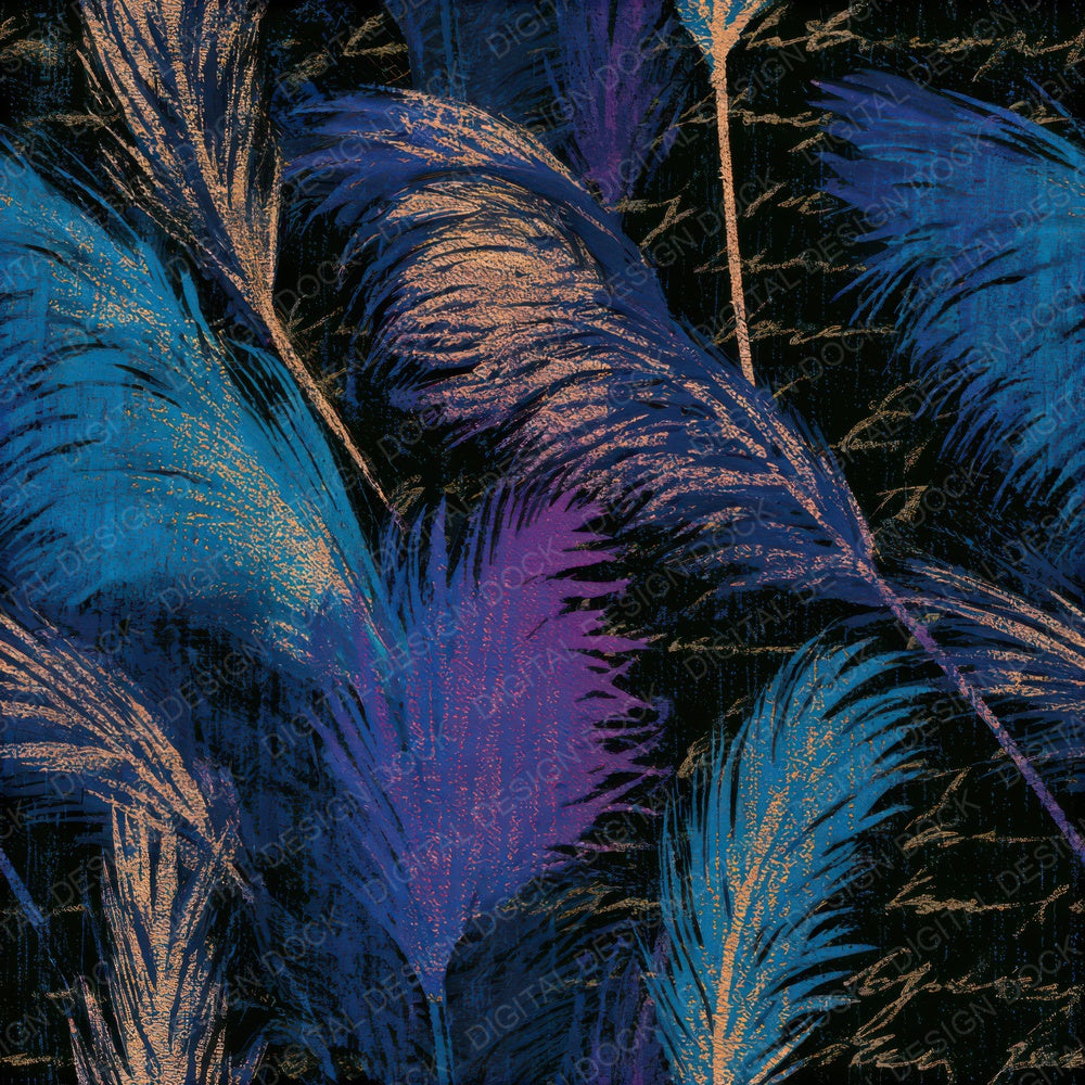 Woodcut Pampas Grass Cyan Violet Seamless Digital Paper Pack (DDD013298)