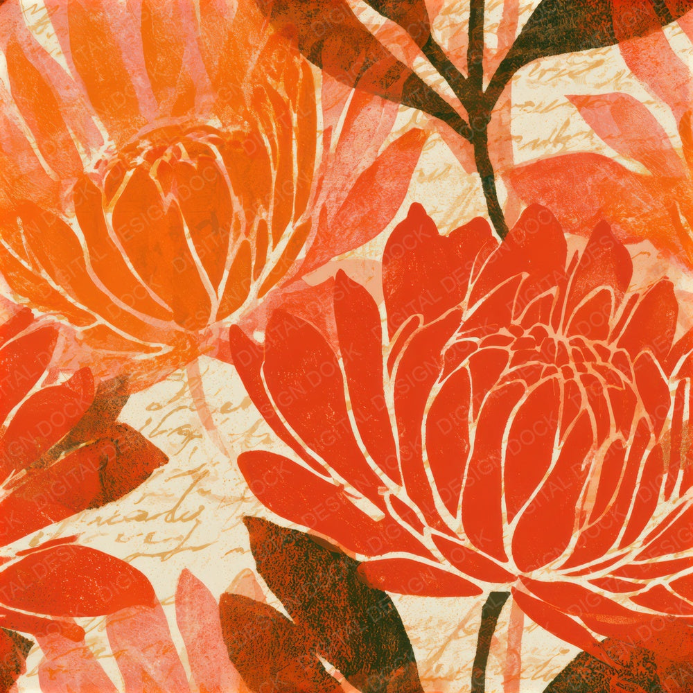 Woodblock Protea Tangerine Lavender Seamless Digital Paper Pack (DDD013320)
