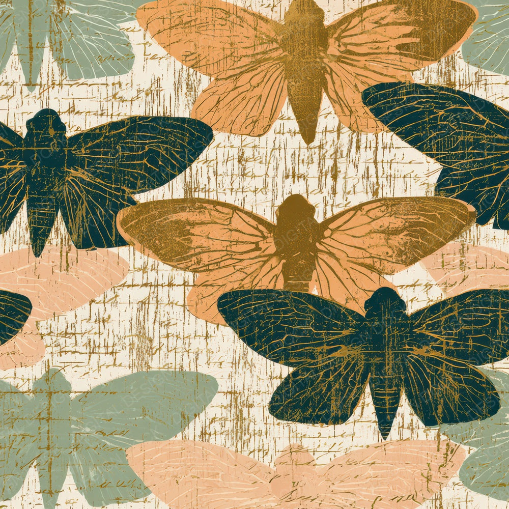Woodcut Cicadas Apricot Pistachio Digital Paper Pack (DDD013337)