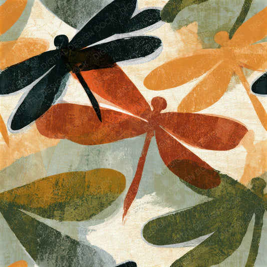 Monoprint Dragonflies Rust Moss Seamless Digital Paper Pack (DDD013368)