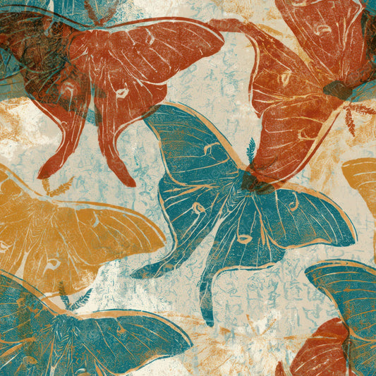 Woodblock Luna Moths Rust Turquoise Digital Paper Pack (DDD013376)
