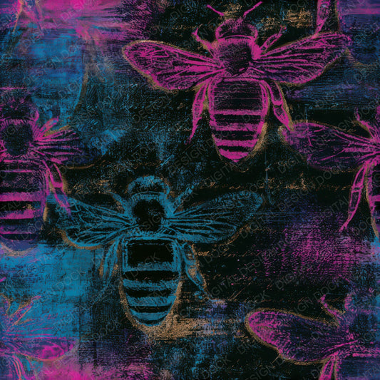 Woodcut Honey Bees Pink Cyan Seamless Digital Paper Pack (DDD013378)