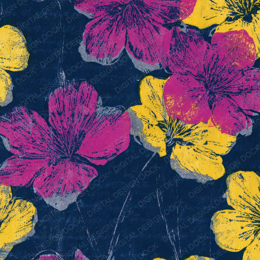 Woodblock Cherry Blossom Pink Yellow Navy Digital Paper Pack (DDD013521)