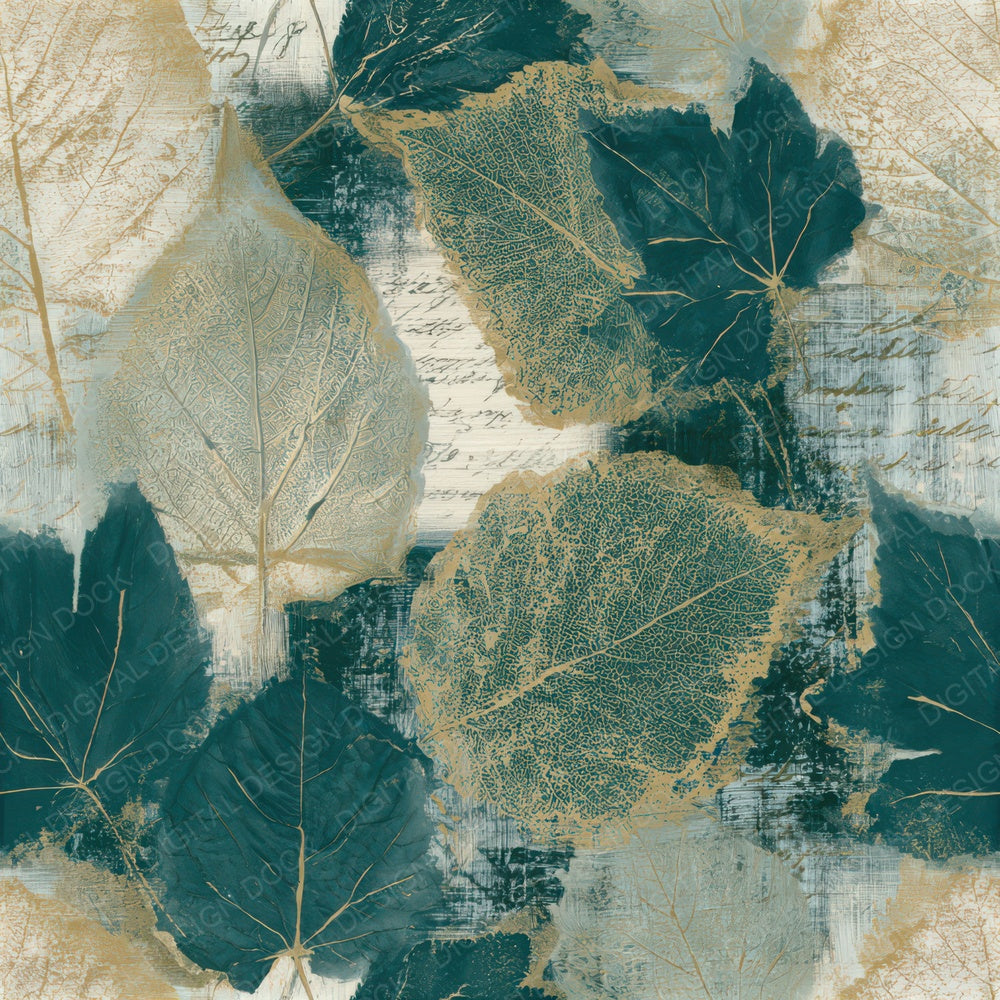Etching Pressed Leaves Teal Bone Seamless Digital Paper Pack (DDD013530)